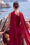 Burgundy One Shoulder Ruched Mermaid Long Formal Dress with Neck Scarf