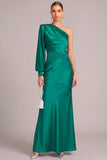 Dark Green Mermaid One Shoulder Ruched Long Formal Dress with Butttons