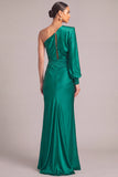 Dark Green Mermaid One Shoulder Ruched Long Formal Dress with Butttons