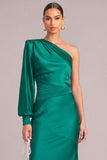 Dark Green Mermaid One Shoulder Ruched Long Formal Dress with Butttons