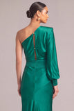Dark Green Mermaid One Shoulder Ruched Long Formal Dress with Butttons