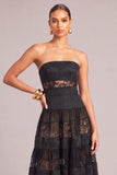 Black Strapless Jacquard Long Lace A-Line Formal Dress