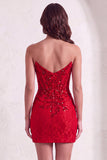 Red Sparkly Corset Bodycon Strapless Short Cocktail Dress