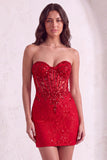 Red Sparkly Corset Bodycon Strapless Short Cocktail Dress