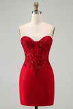 Red Sparkly Corset Bodycon Strapless Short Cocktail Dress