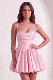 Sparkly Pink Corset Spaghetti Straps Short Cocktail Dress with Sequins