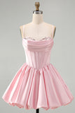 Sparkly Pink Corset Spaghetti Straps Short Cocktail Dress with Sequins