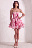 Pink Floral Corset Strapless Short Cocktail Dress