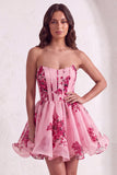 Pink Floral Corset Strapless Short Cocktail Dress
