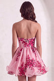 Pink Floral Corset Strapless Short Cocktail Dress
