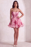 Pink Floral Corset Strapless Short Cocktail Dress