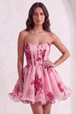 Pink Floral Corset Strapless Short Cocktail Dress