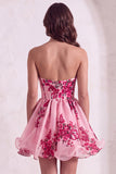 Pink Floral Corset Strapless Short Cocktail Dress