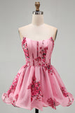 Pink Floral Corset Strapless Short Cocktail Dress