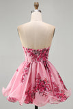 Pink Floral Corset Strapless Short Cocktail Dress