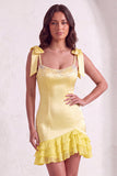 Sparkly Beaded Square Neck Yellow Bodycon Ruffled Short Cocktail Dress with Pearls