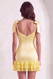 Sparkly Beaded Square Neck Yellow Bodycon Ruffled Short Cocktail Dress with Pearls