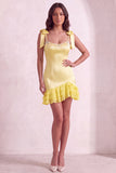 Sparkly Beaded Square Neck Yellow Bodycon Ruffled Short Cocktail Dress with Pearls