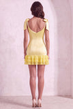 Sparkly Beaded Square Neck Yellow Bodycon Ruffled Short Cocktail Dress with Pearls