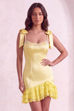 Sparkly Beaded Square Neck Yellow Bodycon Ruffled Short Cocktail Dress with Pearls