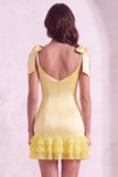 Sparkly Beaded Square Neck Yellow Bodycon Ruffled Short Cocktail Dress with Pearls