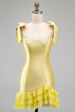 Sparkly Beaded Square Neck Yellow Bodycon Ruffled Short Cocktail Dress with Pearls