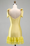 Sparkly Beaded Square Neck Yellow Bodycon Ruffled Short Cocktail Dress with Pearls