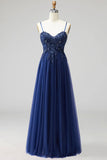 Navy Sparkly Sequins Spaghetti Straps A-Line Long Formal Dress