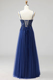 Navy Sparkly Sequins Spaghetti Straps A-Line Long Formal Dress
