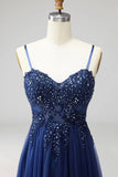 Navy Sparkly Sequins Spaghetti Straps A-Line Long Formal Dress