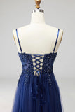 Navy Sparkly Sequins Spaghetti Straps A-Line Long Formal Dress