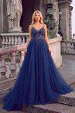Navy Sparkly Sequins Spaghetti Straps A-Line Long Formal Dress