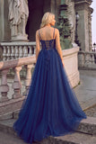 Navy Sparkly Sequins Spaghetti Straps A-Line Long Formal Dress