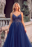 Navy Sparkly Sequins Spaghetti Straps A-Line Long Formal Dress