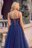 Navy Sparkly Sequins Spaghetti Straps A-Line Long Formal Dress