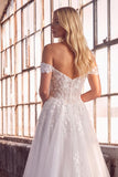 White Off the Shoulder A-Line Long Embroidered Formal Dress with Slit
