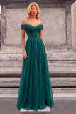 Sparkly Beaded Dark Green Off the Shoulder Long Formal Dress with Slit