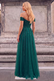 Sparkly Beaded Dark Green Off the Shoulder Long Formal Dress with Slit