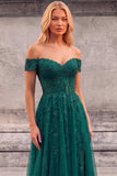 Sparkly Beaded Dark Green Off the Shoulder Long Formal Dress with Slit