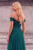 Sparkly Beaded Dark Green Off the Shoulder Long Formal Dress with Slit