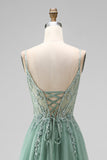 Sparkly Beaded Floral Green Tulle A-Line Long Prom Dress with Slit