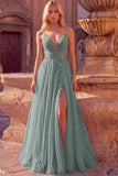 Sparkly Beaded Floral Green Tulle A-Line Long Prom Dress with Slit