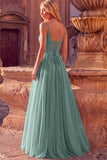 Sparkly Beaded Floral Green Tulle A-Line Long Prom Dress with Slit