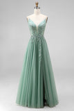Sparkly Beaded Floral Green Tulle A-Line Long Prom Dress with Slit