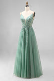Sparkly Beaded Floral Green Tulle A-Line Long Prom Dress with Slit