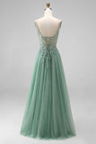 Sparkly Beaded Floral Green Tulle A-Line Long Prom Dress with Slit