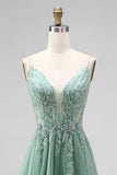 Sparkly Beaded Floral Green Tulle A-Line Long Prom Dress with Slit