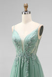 Sparkly Beaded Floral Green Tulle A-Line Long Prom Dress with Slit