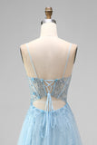 Sparkly Sky Blue A-Line Corset Spaghetti Straps Beaded Long Prom Dress with 3D Flower