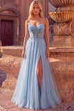 Sparkly Sky Blue A-Line Corset Spaghetti Straps Beaded Long Prom Dress with 3D Flower
